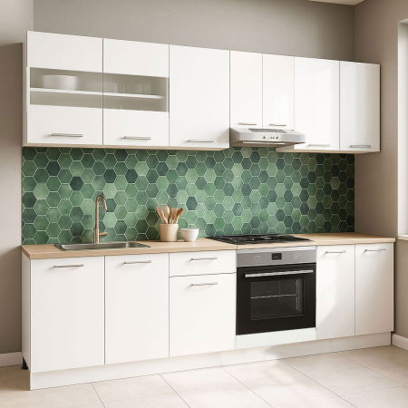 Bucatarii Moderne - Set bucatarie GERMANIA 240 cm, 8 corpuri, corp cuptor, blat gros, alb