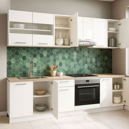 Bucatarii Moderne - Set bucatarie GERMANIA 240 cm, 8 corpuri, corp cuptor, blat gros, alb