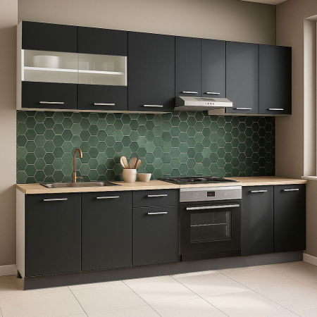 Bucatarii Moderne - Set bucatarie GERMANIA 240 cm, 8 corpuri, corp cuptor, blat gros, antracit