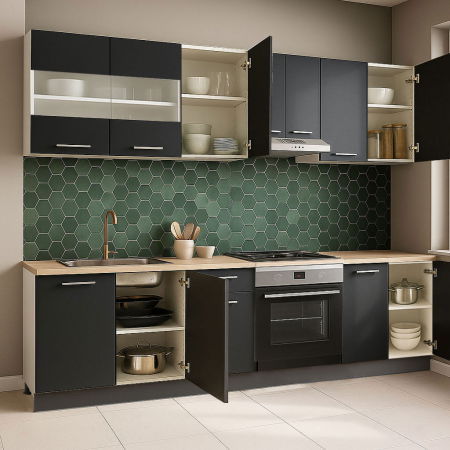 Bucatarii Moderne - Set bucatarie GERMANIA 240 cm, 8 corpuri, corp cuptor, blat gros, antracit