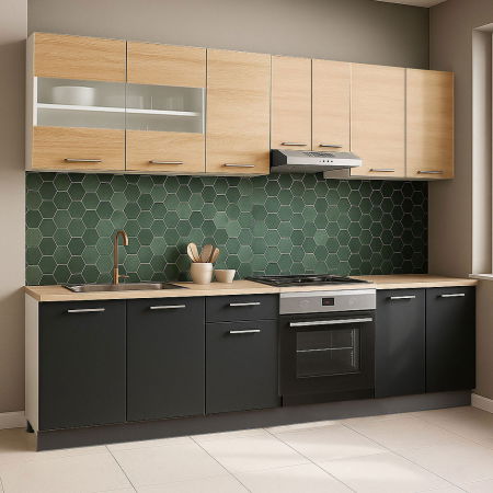 Set bucatarie GERMANIA 240 cm, 8 corpuri, corp cuptor, blat gros, antracit + sonoma [0]