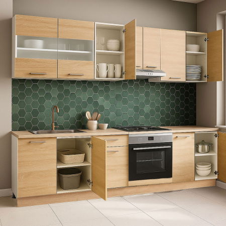 Bucatarii Moderne - Set bucatarie GERMANIA 240 cm, 8 corpuri, corp cuptor, blat gros, sonoma