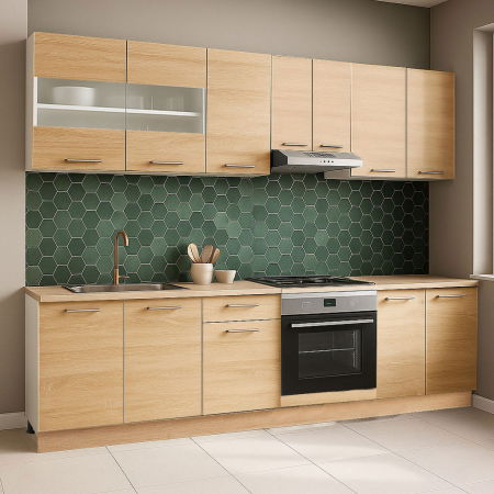 Bucatarii Moderne - Set bucatarie GERMANIA 240 cm, 8 corpuri, corp cuptor, blat gros, sonoma