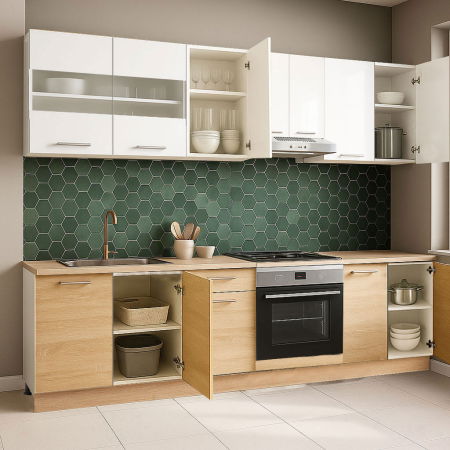 Bucatarii Albe - Set bucatarie GERMANIA 240 cm, 8 corpuri, corp cuptor, blat gros, sonoma + alb