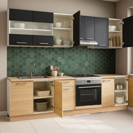 Bucatarii Moderne - Set bucatarie GERMANIA 240 cm, 8 corpuri, corp cuptor, blat gros, sonoma + antracit