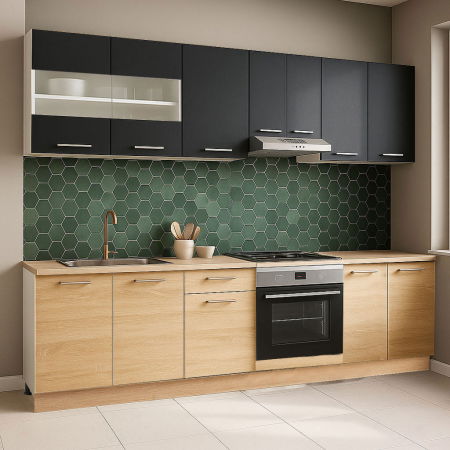 Bucatarii Moderne - Set bucatarie GERMANIA 240 cm, 8 corpuri, corp cuptor, blat gros, sonoma + antracit