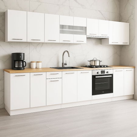 Bucatarii Albe - Set bucatarie GERMANIA 320 cm, 10 corpuri, corp cuptor, blat gros, alb
