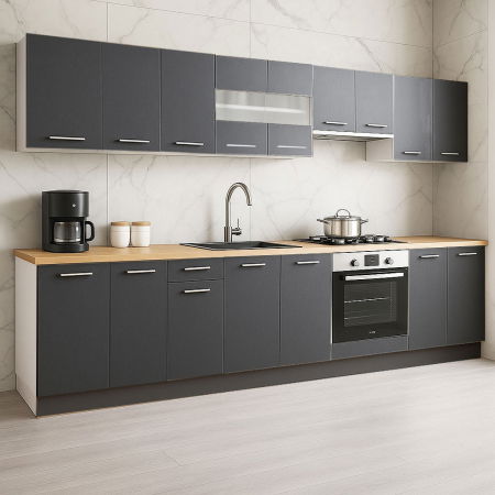 Bucatarii Moderne - Set bucatarie GERMANIA 320 cm, 10 corpuri, corp cuptor, blat gros, antracit