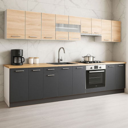 Bucatarii Moderne - Set bucatarie GERMANIA 320 cm, 10 corpuri, corp cuptor, blat gros, antracit + sonoma