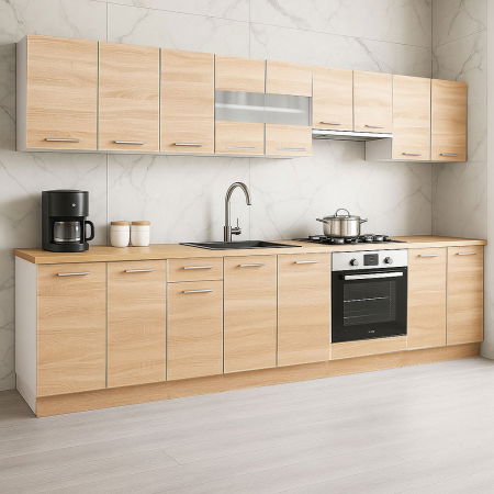 Bucatarii Moderne - Set bucatarie GERMANIA 320 cm, 10 corpuri, corp cuptor, blat gros, sonoma