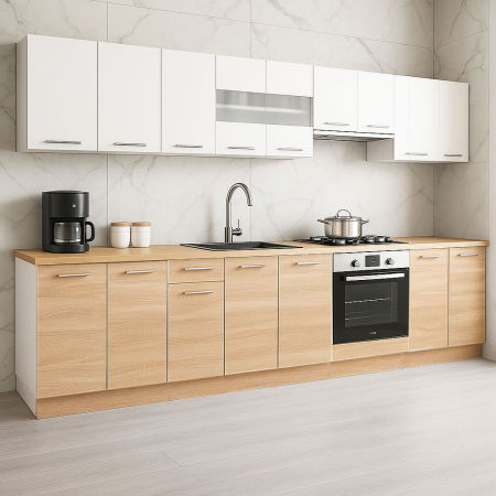 Bucatarii Moderne - Set bucatarie GERMANIA 320 cm, 10 corpuri, corp cuptor, blat gros, sonoma + alb