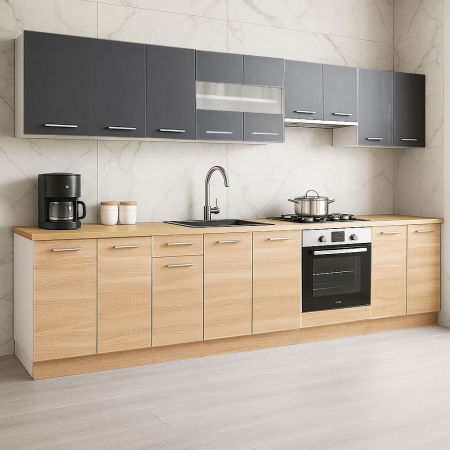 Bucatarii Moderne - Set bucatarie GERMANIA 320 cm, 10 corpuri, corp cuptor, blat gros, sonoma + antracit