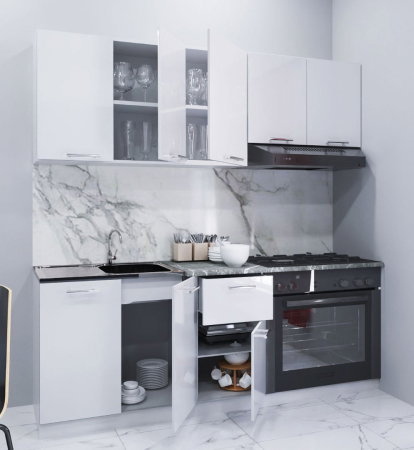 Bucatarii Moderne - Set bucatarie IRIS 180 cm, 6 corpuri, corp cuptor, blat termorezistent, fronturi MDF vopsit ultralucios, alb
