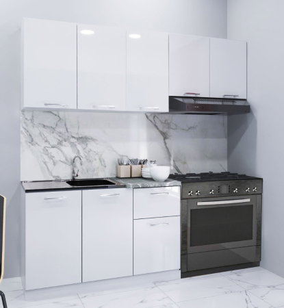Bucatarii Moderne - Set bucatarie IRIS 180 cm, 5 corpuri, blat termorezistent, fronturi MDF vopsit ultralucios, alb