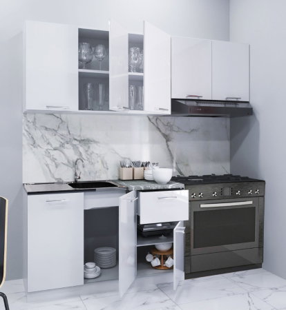 Bucatarii Moderne - Set bucatarie IRIS 180 cm, 5 corpuri, blat termorezistent, fronturi MDF vopsit ultralucios, alb