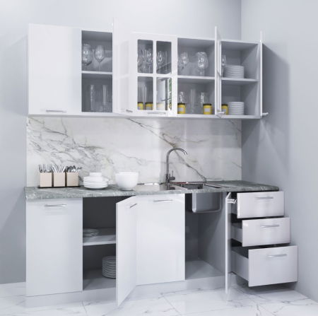 Bucatarii Moderne - Set bucatarie IRIS 200 cm, 6 corpuri, blat termorezistent, fronturi MDF vopsit ultralucios, alb