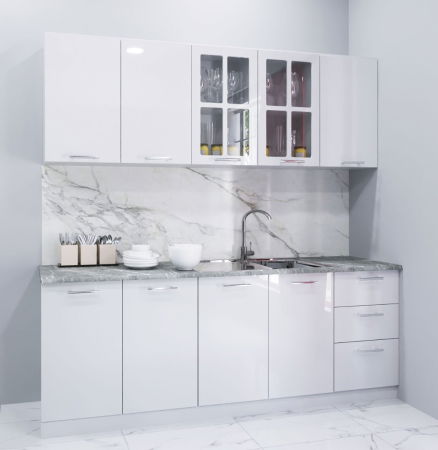 Bucatarii Moderne - Set bucatarie IRIS 200 cm, 6 corpuri, blat termorezistent, fronturi MDF vopsit ultralucios, alb