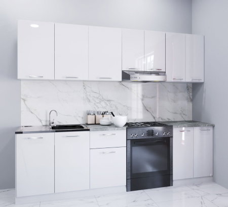 Bucatarii Moderne - Set bucatarie IRIS 240 cm, 7 corpuri, blat termorezistent, fronturi MDF vopsit ultralucios, alb