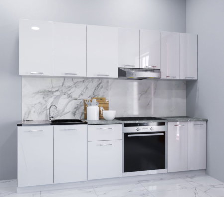 Bucatarii Moderne - Set bucatarie IRIS 240 cm, 8 corpuri, corp cuptor, blat termorezistent, fronturi MDF vopsit ultralucios, alb