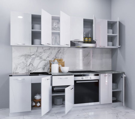Bucatarii Moderne - Set bucatarie IRIS 240 cm, 8 corpuri, corp cuptor, blat termorezistent, fronturi MDF vopsit ultralucios, alb