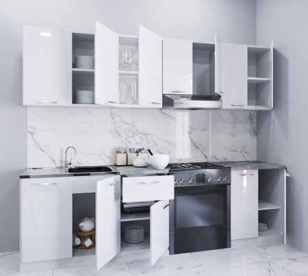 Bucatarii Moderne - Set bucatarie IRIS 240 cm, 7 corpuri, blat termorezistent, fronturi MDF vopsit ultralucios, alb