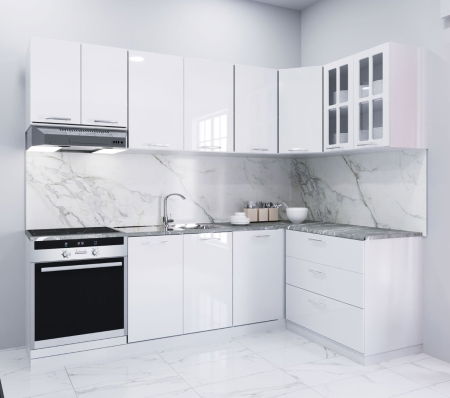 Bucatarii Moderne - Set bucatarie IRIS COLT 240x140 cm, 9 corpuri, corp cuptor, blat termorezistent, fronturi MDF, alb