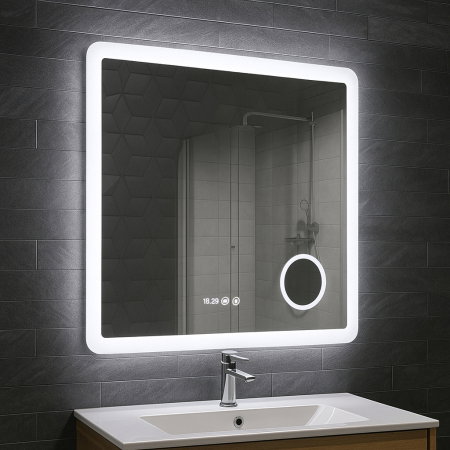 Mobilier Baie - Oglinda cu iluminare LED, functie dezaburire, ceas, termometru si lupa, MD5, 80x80 cm