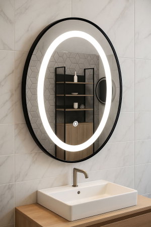 Mobilier Baie - Oglinda cu iluminare LED si intrerupator touch, MD6, rama neagra, 50x70 cm