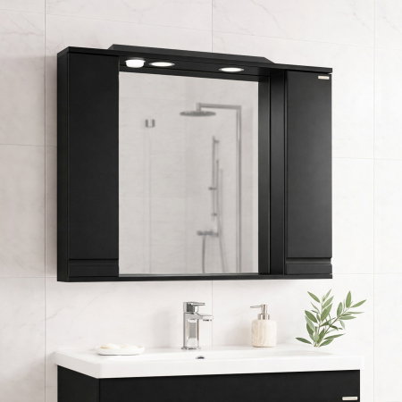 Mobilier Baie - Dulap baie suspendat seria 786 cu oglinda, front MDF, montat, negru, 80x71 cm