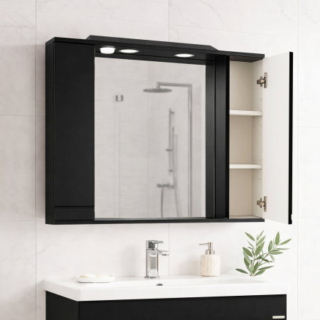 Mobilier Baie - Dulap baie suspendat seria 786 cu oglinda, front MDF, montat, negru, 80x71 cm