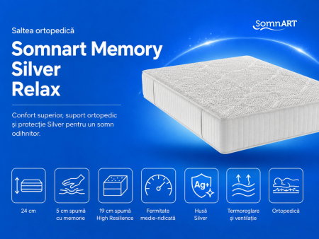 Saltele cu Memory - Saltea cu memorie Somnart Silver Relax 140x200, înălțime 24 cm, husă tricot Silver, cu mânere, fermitate medie