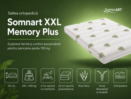 Saltele cu Memory - Saltea cu memorie Somnart XXL Memory Plus 90x200, înălțime 25 cm, pentru persoane supraponderale, husă Aloe Vera detașabilă, rulată, fermitate mare