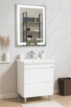 Mobilier Baie - Set Baza front MDF cu Lavoar si Oglinda cu iluminare LED, seria 733, cu sertare, montat, 60 cm, alb