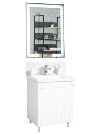 Mobilier Baie - Set Baza front MDF cu Lavoar si Oglinda cu iluminare LED, seria 733, cu sertare, montat, 60 cm, alb
