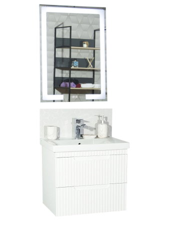 Mobilier Baie - Set Baza front MDF cu Lavoar si Oglinda cu iluminare LED, seria 733, suspendata, cu sertare, montat, 60 cm, alb