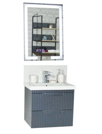 Mobilier Baie - Set Baza front MDF cu Lavoar si Oglinda cu iluminare LED, seria 733, suspendata, cu sertare, montat, 60 cm, antracit