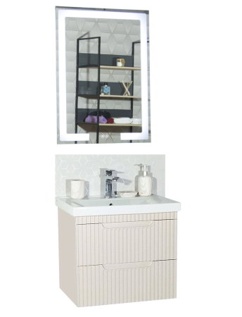 Baza cu Lavoar - Set Baza front MDF cu Lavoar si Oglinda cu iluminare LED, seria 733, suspendata, cu sertare, montat, 60 cm, crem