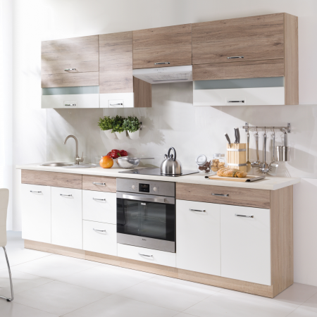 Bucatarii Albe - Set Bucatarie ECONO C PLUS, L 260, 9 corpuri, blat termorezistent, corp sonoma, fronturi sanremo + alb lucios - ExpoMob