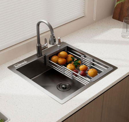 Set chiuveta bucatarie, inox 3 mm, baterie extractibila 3 functii, cos scurgere vase, dozator detergent, 50x50 cm [5]