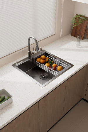 Sanitare - Set chiuveta bucatarie, inox 3 mm, baterie extractibila 3 functii, cos scurgere vase, dozator detergent, 50x50 cm