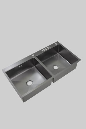 Sanitare - Set chiuveta cuva dubla pentru corp 80 cm, inox 3mm, baterie extractibila 3 functii, cos scurgere vase, dozator de detergent, suport pentru cutite, 82x45 cm