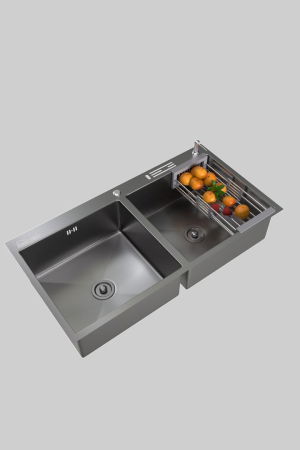 Sanitare - Set chiuveta cuva dubla pentru corp 80 cm, inox 3mm, baterie extractibila 3 functii, cos scurgere vase, dozator de detergent, suport pentru cutite, 82x45 cm