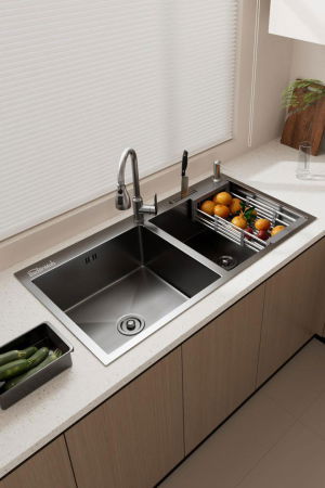 Sanitare - Set chiuveta cuva dubla pentru corp 80 cm, inox 3mm, baterie extractibila 3 functii, cos scurgere vase, dozator de detergent, suport pentru cutite, 82x45 cm