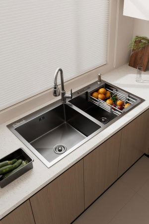 Sanitare - Set chiuveta cuva dubla pentru corp 80 cm, inox 3mm, baterie extractibila 3 functii, cos scurgere vase, dozator de detergent, suport pentru cutite, 82x45 cm