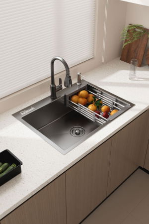 Sanitare - Set chiuveta de bucatarie, inox 3 mm, baterie extractibila 3 functii, cos scurgere vase, dozator detergent, 60x45 cm