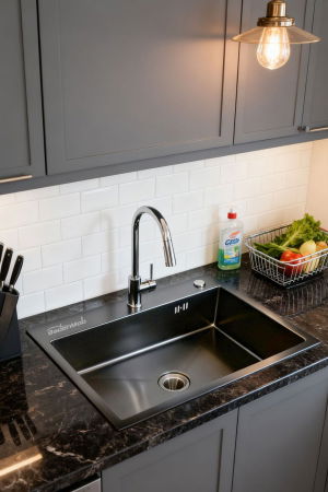 Sanitare - Set chiuveta de bucatarie, inox negru grafit 3mm, baterie extractibila 3 functii, sifon, dozator detergent, cos scurgere vase, 60x45 cm