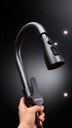 Set chiuveta dubla pentru corp 80cm, inox negru grafit 3mm, baterie extractibila 3 functii, sifon, dozator detergent, cos scurgere vase, suport cutite, 82x45 cm [5]