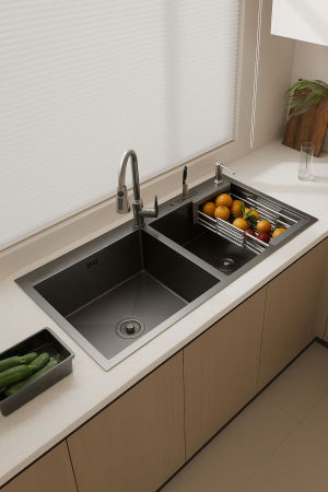 Sanitare - Set chiuveta dubla pentru corp 80cm, inox negru grafit 3mm, baterie extractibila 3 functii, sifon, dozator detergent, cos scurgere vase, suport cutite, 82x45 cm