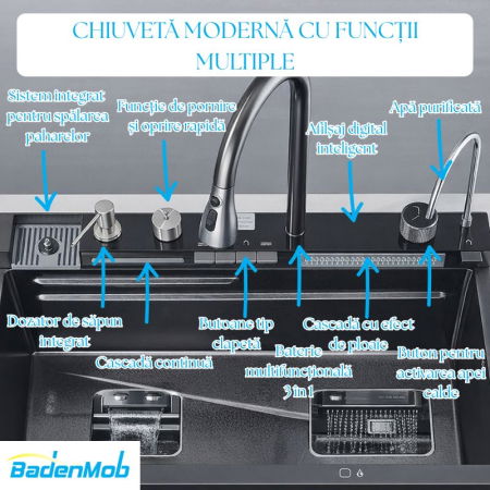 Set chiuveta multifunctionala smart, inox 3 mm, afisaj digital, doua cascade, spalator pahare, dozator detergent, baterie extensibila cu 3 functii, tocator, tava si sita inclusa, antizgarieturi, 75X45 cm [12]