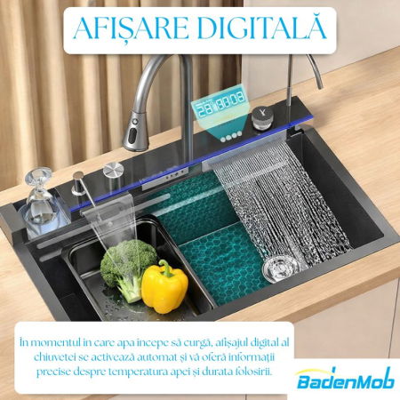 Sanitare - Set chiuveta multifunctionala smart, inox 3 mm, afisaj digital, doua cascade, spalator pahare, dozator detergent, baterie extensibila cu 3 functii, tocator, tava si sita inclusa, antizgarieturi, 75X45 cm